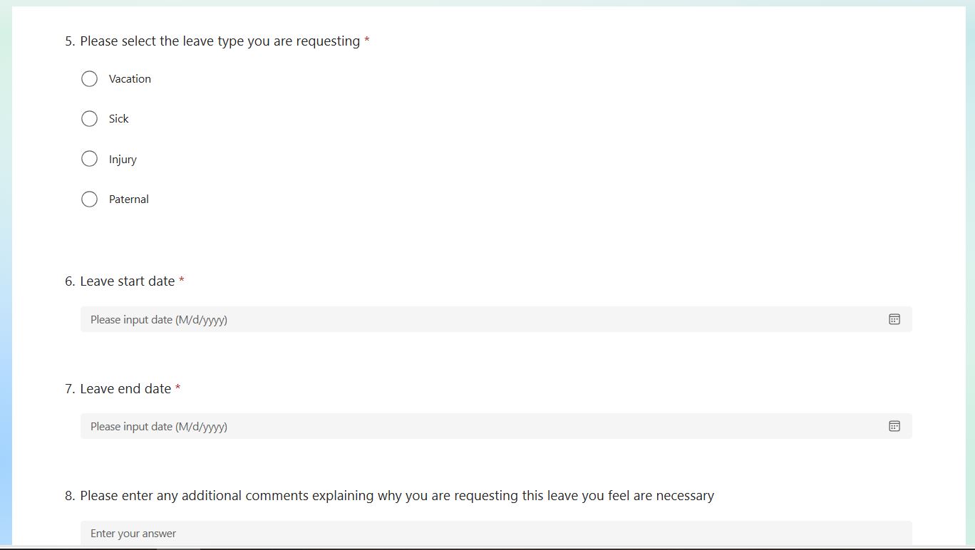 Screenshot of the leave request form